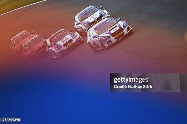 Ashley Sutton of Adrian Flux BMR Subaru Racing drives a Subaru Levorg GT during the Dunlop MSA British Touring Car Championship at Donington Park on...