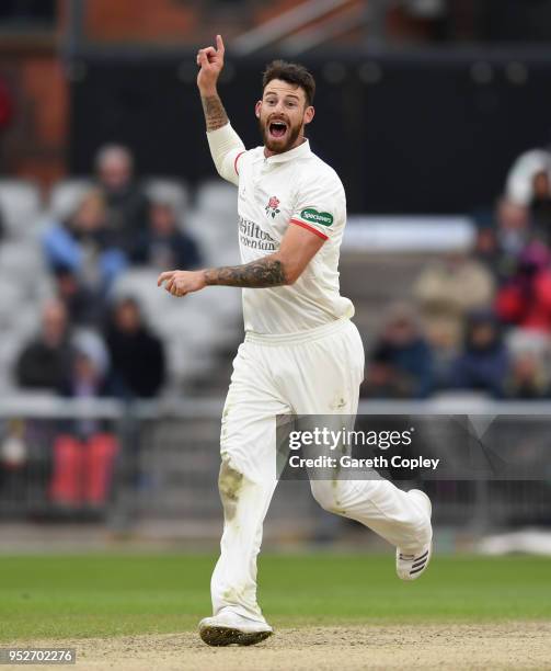 Jordan Clark of Lancashire reacts during the Specsavers County Championship Division One Ãmatch between Lancashire and Surrey at Old Trafford at Old...