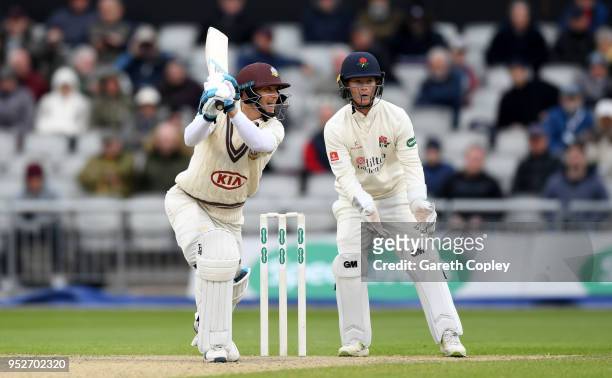 Scott Borthwick of Surrey bats during the Specsavers County Championship Division One match between Lancashire and Surrey at Old Trafford at Old...