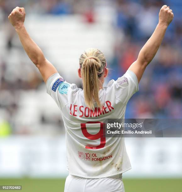 Eugenie Le Sommer of Olympique Lyonnais celebrates at the end of the UEFA Women's Champions League, Semi Final Second Leg match between Olympique...