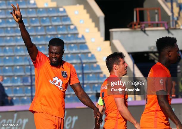 Adebayor of Medipol Basaksehir celebrates after scoring a goal during Turkish Super Lig soccer match between Osmanlispor and Medipol Basaksehir at...