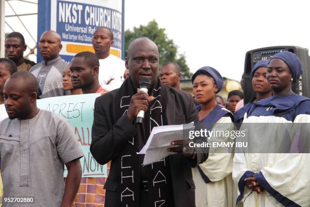 Leader of the Christian Association of Nigeria, Benue State Chapter and Pastor of the NKST Church, Reverend Akpen Leva delivers a speech during a...