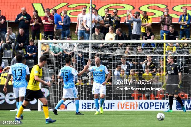 Dani Schahin of Roda JC celebrates 1-3 with Tsiy William Ndenge of Roda JC, Ognjen Gnjatic of Roda JC during the Dutch Eredivisie match between...