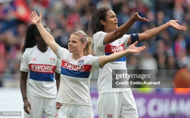 Eugenie Le Sommer of Olympique Lyonnais celebrates the victory at the end of the UEFA Women's Champions League, Semi Final Second Leg match between...