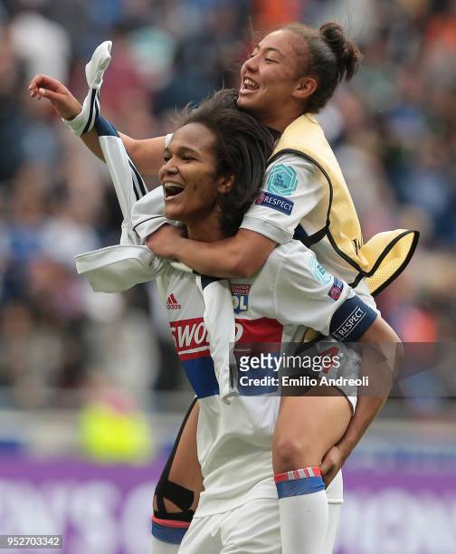 Wendie Renard of Olympique Lyonnais celebates the victory with her team-mate Selma Bacha at the end of the UEFA Women's Champions League, Semi Final...