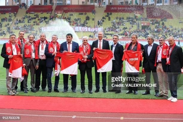 Monaco's Russian Vice club President Vadim Vasilyev and Monaco's players of the team of 1978 Thierry Guidimard, Roger Ricort, Frederic Vitalis,...