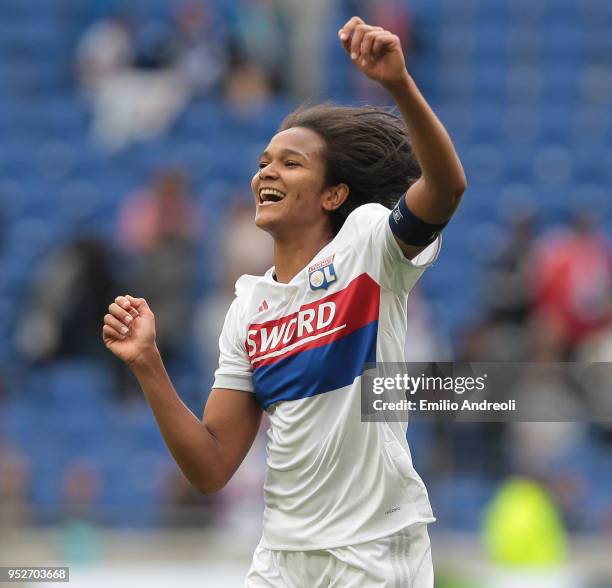 Wendie Renard of Olympique Lyonnais celebrates the victory at the end of the UEFA Women's Champions League, Semi Final Second Leg match between...