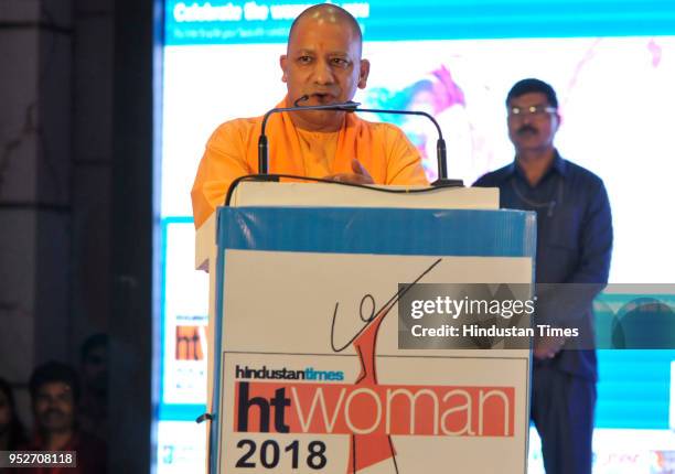 Uttar Pradesh Chief Minister Yogi Adityanath speaks during HT Woman Award function 2018 held in Lucknow, India, on April 29, 2018. The award is aimed...