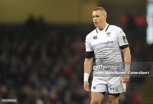 Ospreys' Hanno Dirksen during the Guinness PRO14 Round 21 Judgement Day VI match between Dragons and Scarlets at Principality Stadium on April 28,...