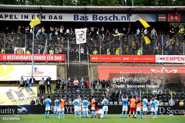 Supporters of Roda JC celebrate the victory during the Dutch Eredivisie match between VVVvVenlo - Roda JC at the Seacon Stadium - De Koel on April...