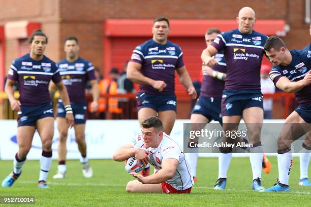 Robbie Mulhern of Hull KR scores a Try during the BetFred Super League match between Hull KR and Leeds Rhinos at KCOM Craven Park on April 29, 2018...