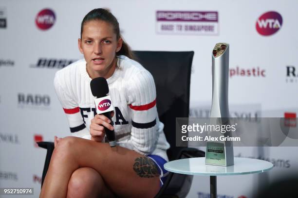 Karolina Pliskova of Czech Republic talks to the media after winning the singles final match against CoCo Vandeweghe of the United States on day 7 of...