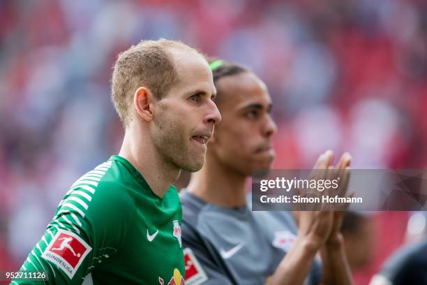 Goalkeeper Peter Gulacsi of Leipzig reacts during the Bundesliga match between 1. FSV Mainz 05 and RB Leipzig at Opel Arena on April 28, 2018 in...