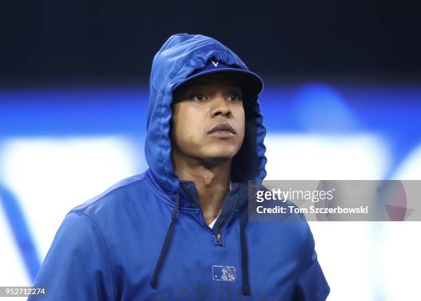 Marcus Stroman of the Toronto Blue Jays makes his way from the bullpen to the dugout before the start of MLB game action against the Texas Rangers at...