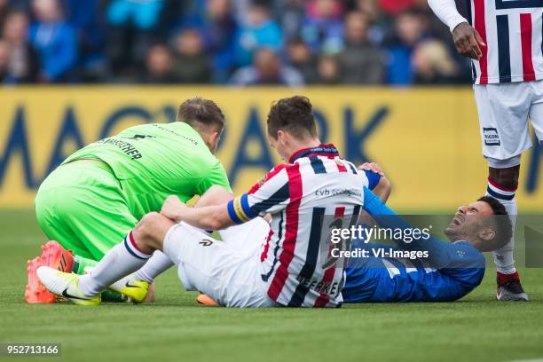 Goalkeeper Timon Wellenreuther of Willem II, Freek Heerkens of Willem II, Younes Namli of PEC Zwolle during the Dutch Eredivisie match between PEC...