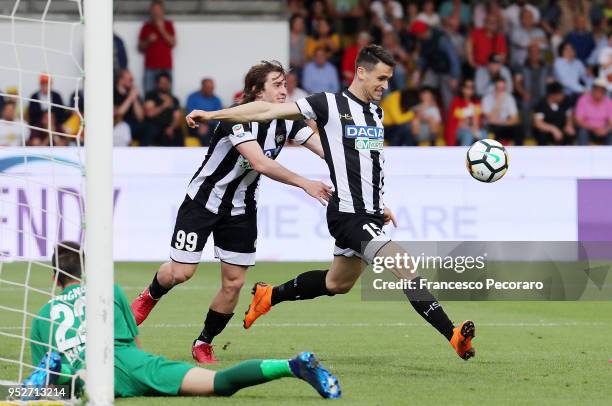 Andrija Balic and Kevin Lasagna of Udinese Calcio celebrate the 2-3 goal scored by Kevin Lasagna during the serie A match between Benevento Calcio...