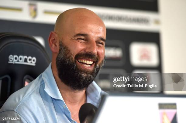 Roberto Stellone, new head coach of US Citta' di Palermo, answers questions during a press conference at Carmelo Onorato training center on April 29,...