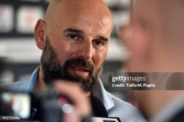 Roberto Stellone, new head coach of US Citta' di Palermo, answers questions during a press conference at Carmelo Onorato training center on April 29,...