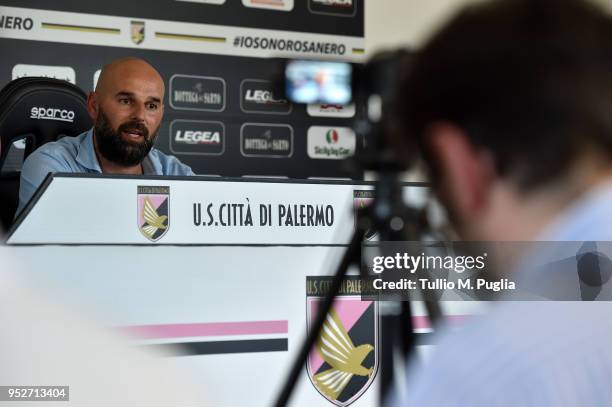 Roberto Stellone, new head coach of US Citta' di Palermo, answers questions during a press conference at Carmelo Onorato training center on April 29,...