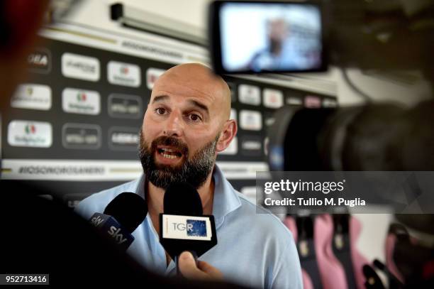 Roberto Stellone, new head coach of US Citta' di Palermo, answers questions during a press conference at Carmelo Onorato training center on April 29,...