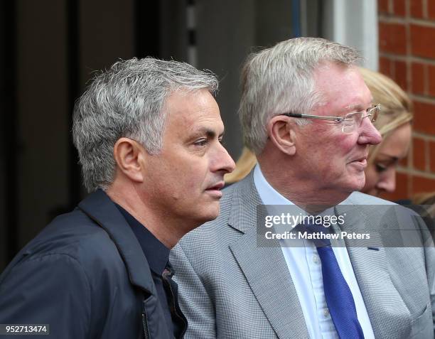 Manager Jose Mourinho and Former Manager Sir Alex Ferguson of Manchester United wait to greet Manager Arsene Wenger of Arsenal ahead of the Premier...