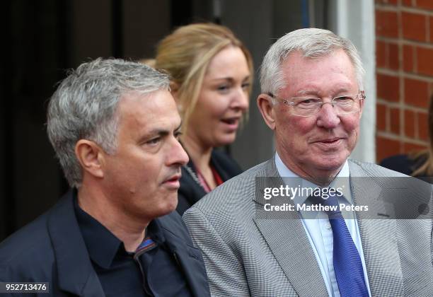 Manager Jose Mourinho and Former Manager Sir Alex Ferguson of Manchester United wait to greet Manager Arsene Wenger of Arsenal ahead of the Premier...