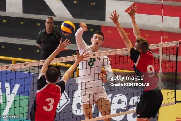 In attack Asparuh Asparuhov during the Bulgaria-Swiss match in the qualifying tourney for the European Championships for Men Under 20 Volleyball ....