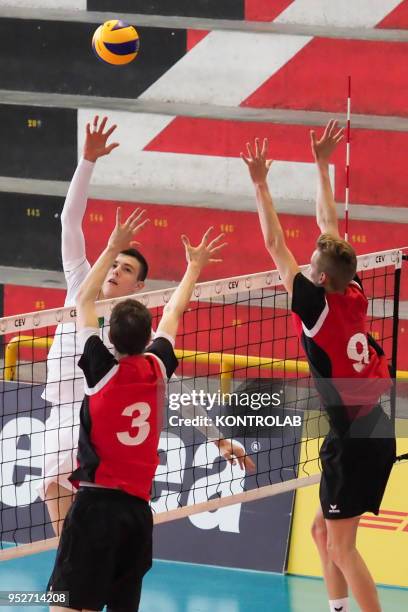In attack Asparuh Asparuhov during the Bulgaria-Swiss match in the qualifying tourney for the European Championships for Men Under 20 Volleyball ....