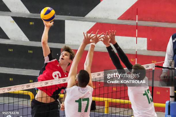 In attack Nico Suess during the Bulgaria-Swiss match in the qualifying tourney for the European Championships for Men Under 20 Volleyball . Bulgaria...