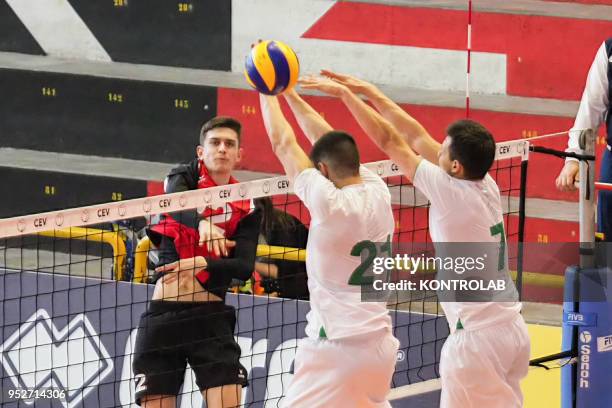 In attack Jan Joos during the Bulgaria-Swiss match in the qualifying tourney for the European Championships for Men Under 20 Volleyball . Bulgaria...