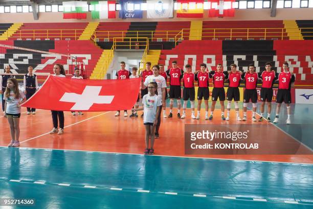 The Swiss National Team during the Bulgaria-Swiss match in the qualifying tourney for the European Championships for Men Under 20 Volleyball ....