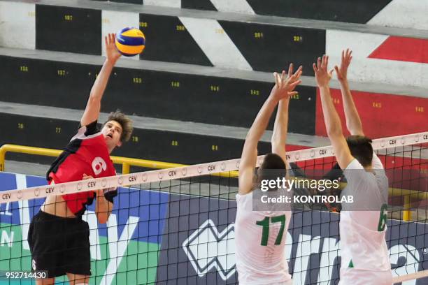 In attack Nico Suess during the Bulgaria-Swiss match in the qualifying tourney for the European Championships for Men Under 20 Volleyball . Bulgaria...