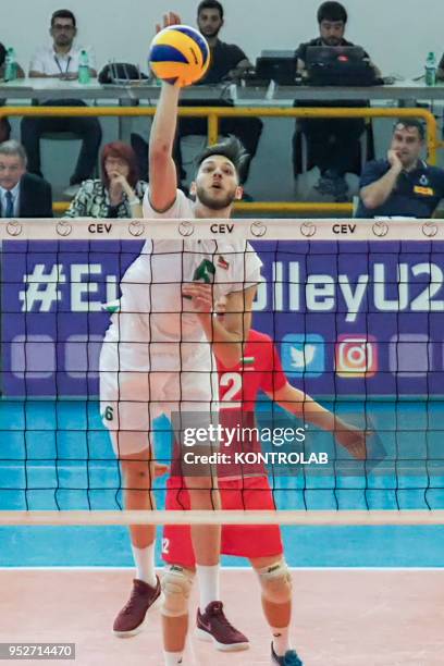 In attack Georgi Petrov during the Bulgaria-Swiss match in the qualifying tourney for the European Championships for Men Under 20 Volleyball ....