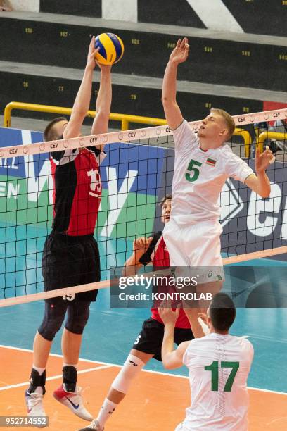 In attack Kostantin Nechev during the Bulgaria-Swiss match in the qualifying tourney for the European Championships for Men Under 20 Volleyball ....