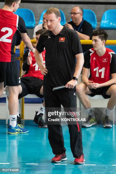 The coach Marco Foelmli during the Bulgaria-Swiss match in the qualifying tourney for the European Championships for Men Under 20 Volleyball ....