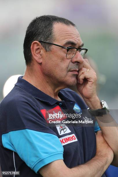 Maurizio Sarri manager of SSC Napoli looks on during the serie A match between ACF Fiorentina and SSC Napoli at Stadio Artemio Franchi on April 29,...