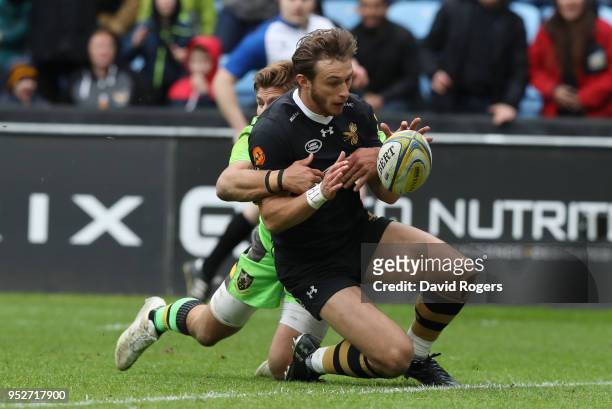 Josh Bassett of Wasps touches down for the fifth try but it is latter dissallowed during the Aviva Premiership match between Wasps and Northampton...