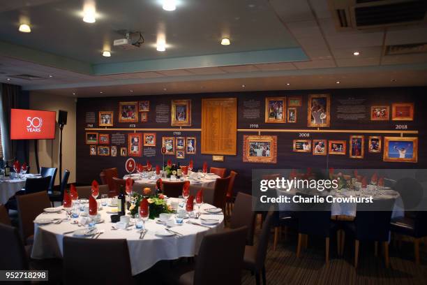 The new anniversary wall is seen during The Lawn Tennis Association celebratory 50 years of Open Era tennis at the West Hants Club in Bournemouth,...