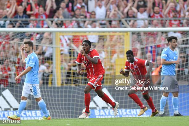 Derrick Koehn of Bayern Meunchen celebrates scoring his teams third goal during the Regionalliga Bayern match between FC Bayern Muenchen II and TSV...