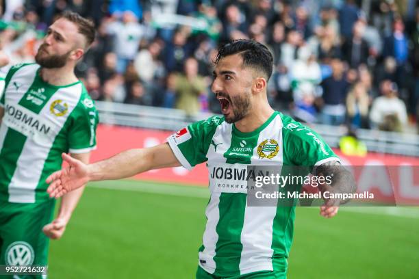 Jiloan Hamad celebrates the 2-1 goal which he assisted during a match between Djurgardens IF and Hammarby IF at Tele2 Arena on April 29, 2018 in...