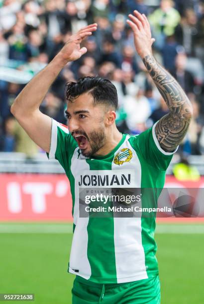 Jiloan Hamad celebrates the 2-1 goal which he assisted during a match between Djurgardens IF and Hammarby IF at Tele2 Arena on April 29, 2018 in...