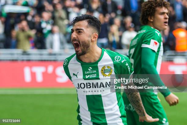 Jiloan Hamad celebrates the 2-1 goal which he assisted during a match between Djurgardens IF and Hammarby IF at Tele2 Arena on April 29, 2018 in...