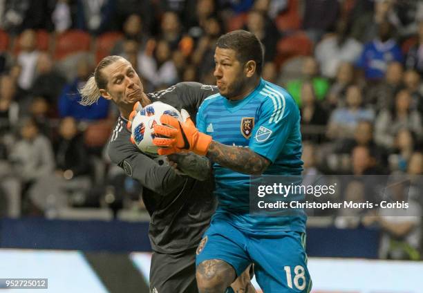 Nick Rimando goalkeeper of Real Salt Lake makes a save against Brek Shea of Vancouver Whitecaps at BC Place on April 27, 2018 in Vancouver, Canada.