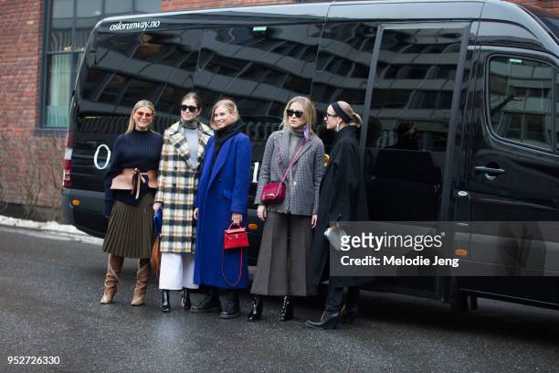 Janka Polliani, Tine Andreea, Darja Barannik, Annabel Rosendahl, Celine Aagaard outside the Line of Oslo show on January 26, 2018 in Oslo, Norway.