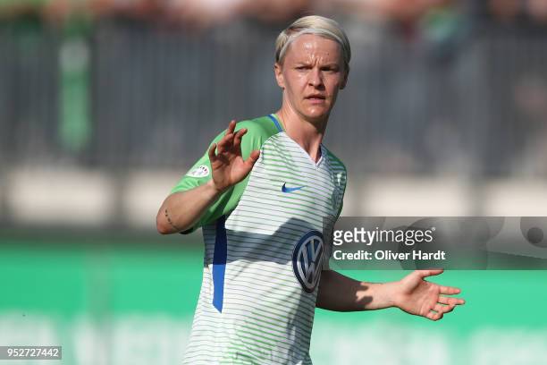 Nilla Fischer of Wolfsburg gesticulated during the Women's UEFA Champions League semi final second leg match between VfL Wolfsburg and FC Chelsea at...