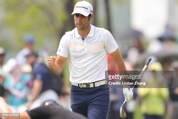 Adrian Otaegui of Spain reacts after the plays a shot during the final round of the 2018 Volvo China Open at Topwin Golf and Country Club on April...