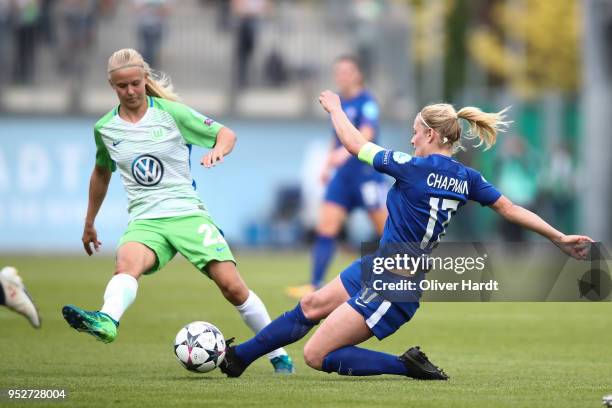 Pernille Harder of Wolfsburg and Katie Chapman of Chelsea compete for the ball during the Women's UEFA Champions League semi final second leg match...