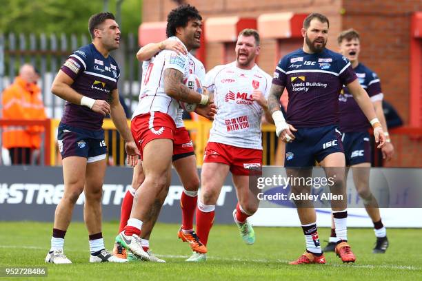 Mose Masoe of Hull KR scores a try during the BetFred Super League match between Hull KR and Leeds Rhinos at KCOM Craven Park on April 29, 2018 in...