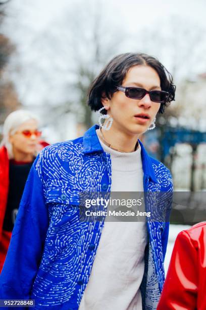 Inti Wang wears Michael Olestad earrings on January 26, 2018 in Oslo, Norway.