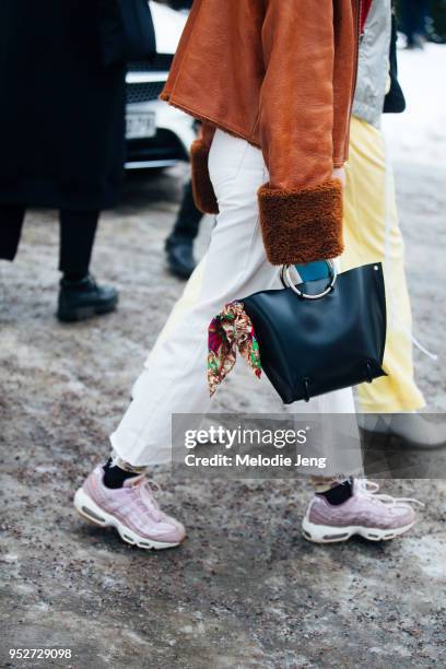 Outfit details on January 26, 2018 in Oslo, Norway.